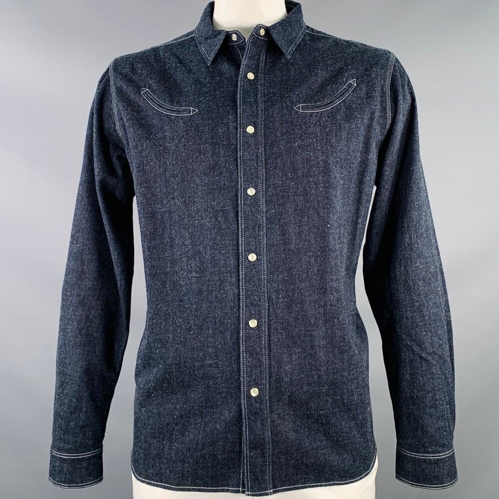 L Billy Bob Navy Indigo Contrast Stitch Cotton Denim Western Long Sleeve Shirt